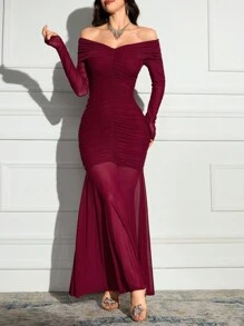 Modelyn Women's Elegant Solid Color Pleated Off Shoulder Long Sleeve Fishtail Hem Long Dress - Burgundy - View 5