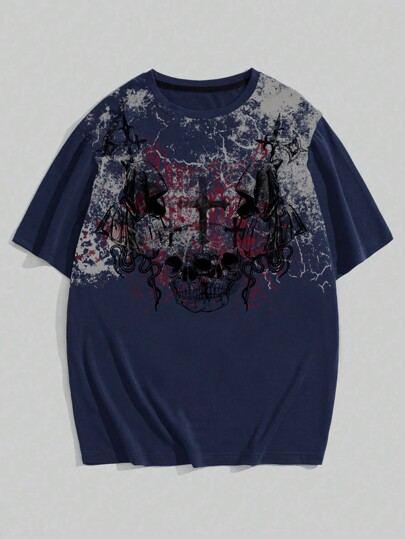 Grunge Punk Maglietta da uomo a maniche corte con scollo tondo, con stampa grafica semplice, adatta per uso casual quotidiano