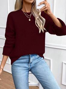Chiquease Women's Solid Color Round Neck Long Sleeve Loose Casual Sweater, Autumn/Winter Knit Pullover Fall Sweater - Burgundy - View 7