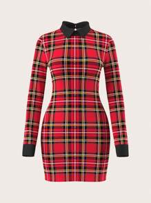 SHEIN ICON Women's Elegant Long Sleeve Collared Colorblock Plaid Dress