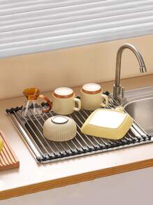1 Pc Over The Sink Dish Drying Rack, Roll Up Dish Drying Rack Kitchen Dish Rack Stainless Steel Sink Drying Rack, Foldable Dish Drainer Folding Stainless Steel Drain Rack For Sink, Multifunctional Bowl, Plate, Vegetable And Fruit Storage, Drain Curtain For Kitchen,Black(9/11/13in)
