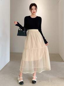 DAZY 纯色网纱女士休闲日常半身裙，简约时尚