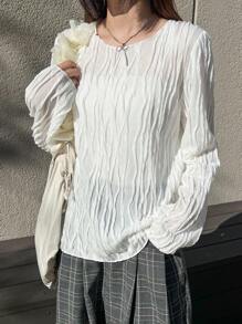 FRIFUL Women's White Loose Fit Round Neck Blouse, Textured Fabric Long Sleeve Top