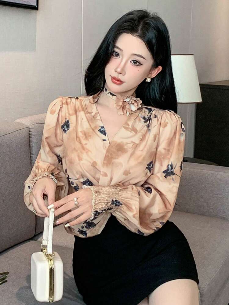 Women's Spring/Summer V-Neck Tie-Knot Floral Long Sleeve Casual Holiday Blouse,Fall Clothes Graphic Tee