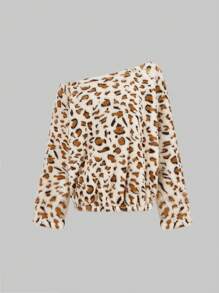 INAWLY Camiseta de tela de peluche con estampado asimétrico de leopardo para mujer para otoño/invierno, blusas con estampado de guepardo para mujer - Blanco - Ver 1