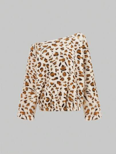 INAWLY Women's Autumn/Winter Leopard Print Asymmetric Collar Teddy Fleece T-Shirt Graphic Cheetah Print Tees Women Tops Fall Cloth For Women