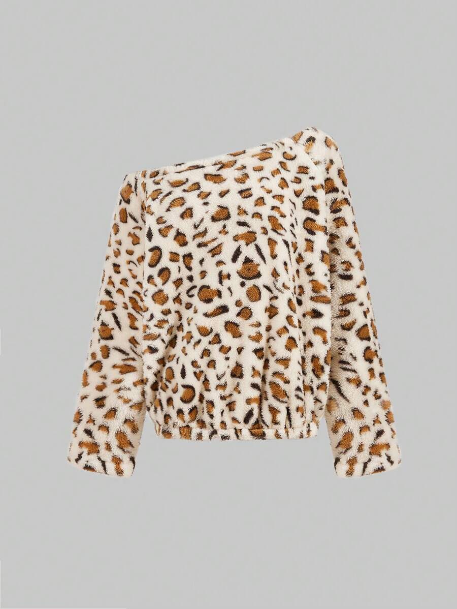 INAWLY Camiseta de tela de peluche con estampado asimétrico de leopardo para mujer para otoño/invierno, blusas con estampado de guepardo para mujer - Blanco - Ver 1