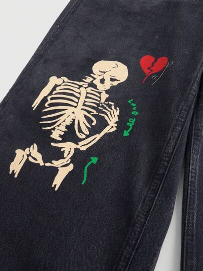Street Life Men's Slogan & Skull Print Pocket Baggy Loose Casual Jeans