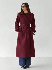 SHEIN Tall Chaqueta larga de manga larga con botones delanteros sencilla de color borgoña, abrigo largo de lana burdeos vintage de uso casual diario, abrigado y grueso para disfraces de invierno de Acción de Gracias, Halloween, Navidad y otoño para mujeres