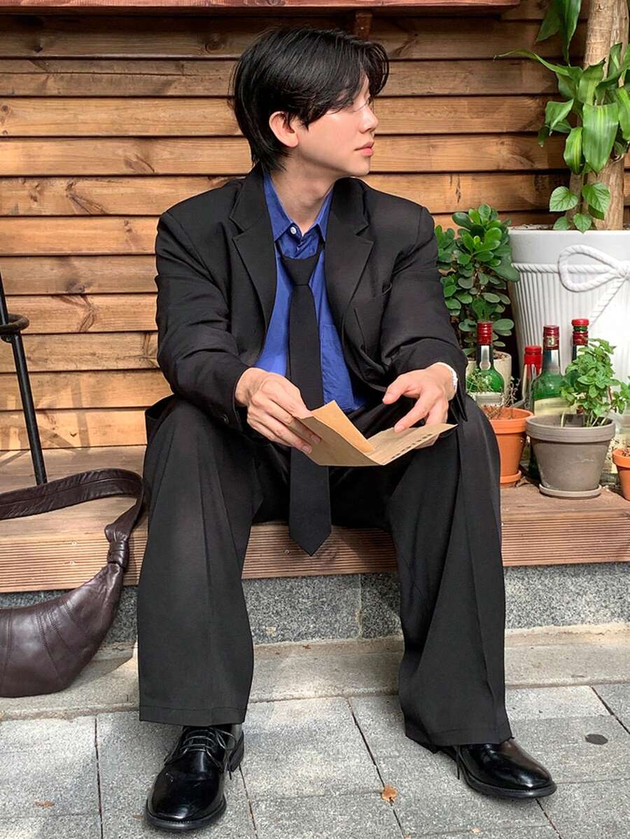 DAZY 2 Pieces Men's Solid Black Suit Jacket & Pants Set,Fall Clothes Business Attire - Black - View 1