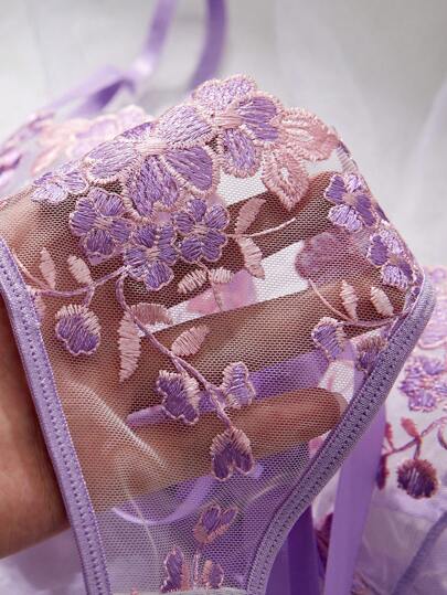 Women Sky Blauw Geborduurde Kanten Strap Underwear Lingerie BH Slipje Set view 4