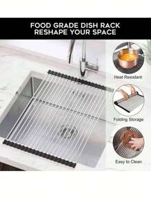 1 Pc Over The Sink Dish Drying Rack, Roll Up Dish Drying Rack Kitchen Dish Rack Stainless Steel Sink Drying Rack, Foldable Dish Drainer Folding Stainless Steel Drain Rack For Sink, Multifunctional Bowl, Plate, Vegetable And Fruit Storage, Drain Curtain For Kitchen,Black(9/11/13in)