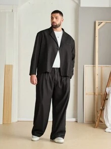 Manfinity VCAY Herren Große Größen Schwarz Locker gewebter Blazer Langarm und Hose Set