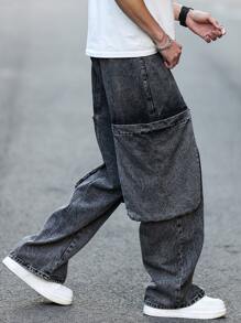 Manfinity Homme Men's Loose Fit Wide Leg Baggy Jeans With Large Pockets - Grey - View 3