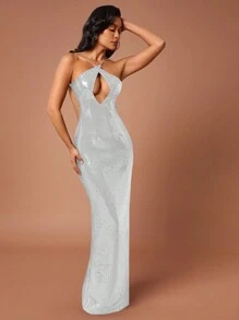 Hauture 黑色亮片镂空露背超长派对礼服，后背开衩 - 白色 - 查看 4