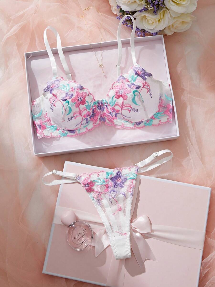 SHEIN 2pcs Romantic Embroidered Floral Sexy Lingerie Set For Women - Multicolor - View 1
