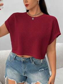 SHEIN EZwear Valentine's Day,Beige Knitted Women Short Sleeve T-Shirt, Minimalist Casual Everyday Wear