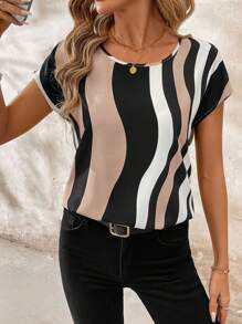 SHEIN Clasi 竖条纹几何印花圆领宽松女式衬衫商务休闲女士休闲上衣女教师服装 - 彩色 - 查看 6