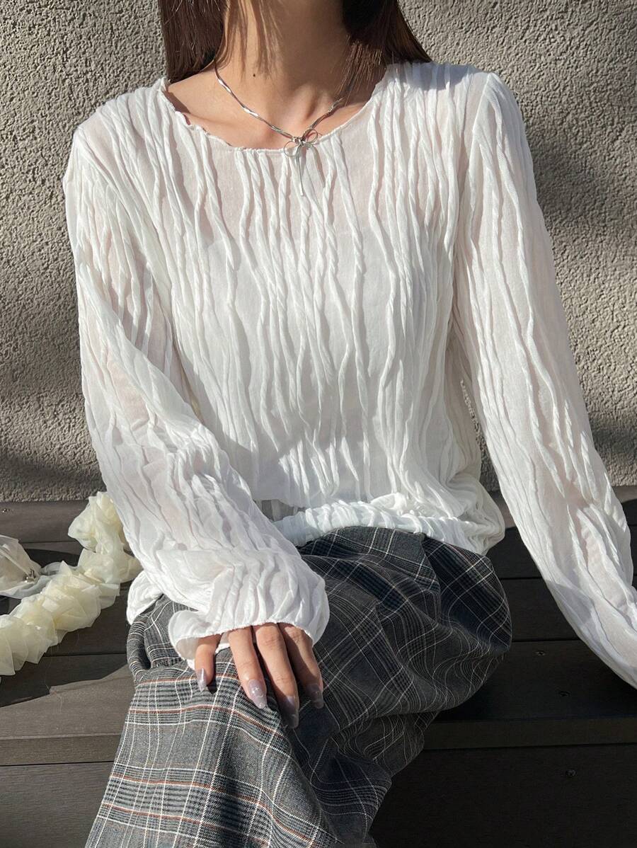 FRIFUL Women's White Loose Fit Round Neck Blouse, Textured Fabric Long Sleeve Top