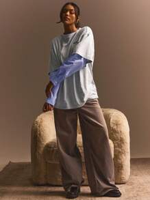 Athîral 女士纯色拼布圆领长袖休闲上衣