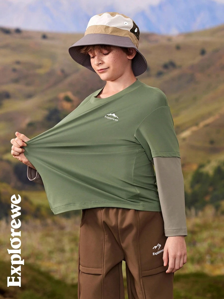 SHEIN 青少年男孩字母和山脉印花圆领长袖休闲拼布 T 恤 - 黑色 - 查看 1