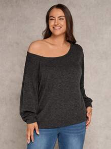 SHEIN Clasi Plus Size Casual Oblique Shoulder Long Sleeve Top, Minimalist Design For Everyday Wear