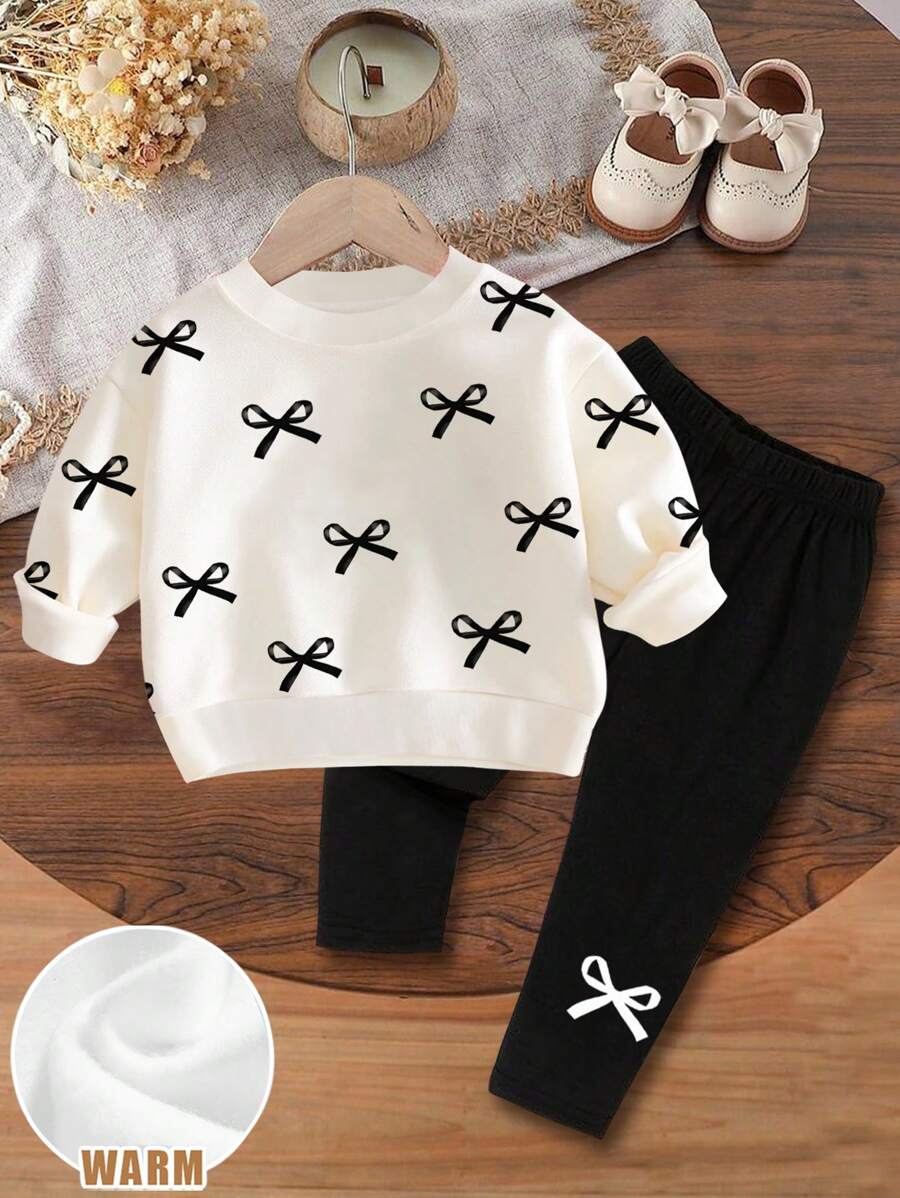 SHEIN 女婴可爱蝴蝶结印花柔软厚针织圆领长袖运动衫和紧身裤套装 - 彩色 - 查看 1