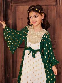 SHEIN Young Girl Color Block V-Neck Fitted Woven Dress - Green - View 4