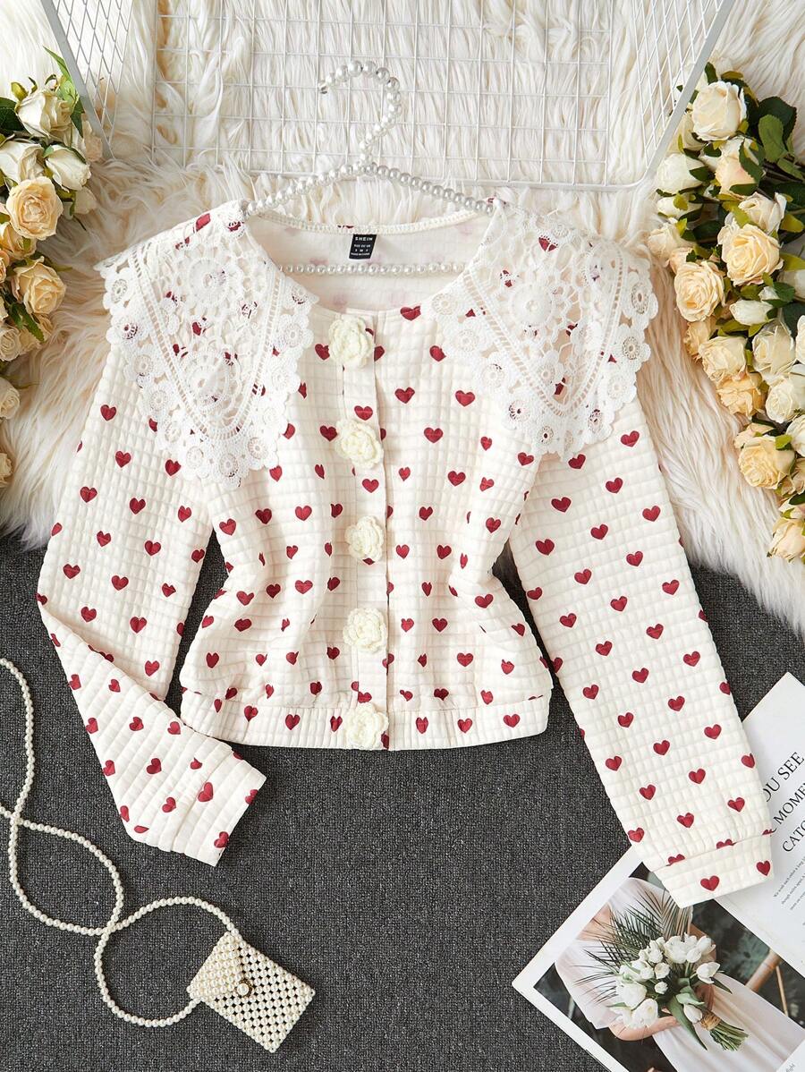 Chiquease Valentine's Day Romantic Jacket With Embroidered Hollow Lace Collar, 3D Flower Placket, Heart Pattern - Apricot - View 1