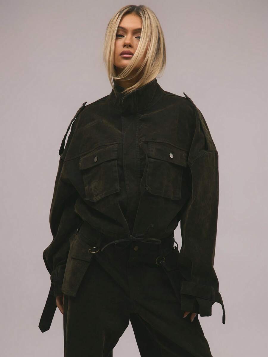 MUSERA Velvet Denim Drawstring Cargo Jacket, Spring 90's Y2k Streetwear Sweet Rave Concert  Chic