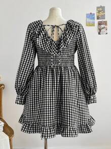 Soleia Plus Size Women Plaid V-Neck Ruffle Hem Double Layer Shirt Dress, Casual Holiday Outfit For Autumn/Winter & Valentine's Day