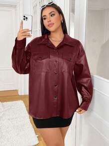 SHEIN EZwear Plus Size Burgundy Minimalist PU Collar Shacket, Early Autumn