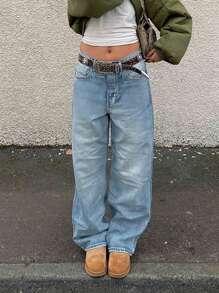 Women's Mid-Rise Washed Cargo Pants, Casual, Simple, Loose-Fitting, Wide-Leg Denim Pants - Rửa nhẹ - Xem 3