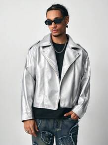 ROMWE MEN Street Life Men's Silver Fabric Casual Simple Leather Jacket With Front Buttons, Suitable For Autumn/Winter - Silver - View 1