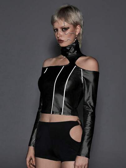 Grunge Punk Maglietta aderente sexy da donna in PU con strisce riflettenti futuristiche