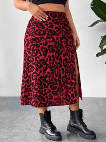 SHEIN PETITE CURVE Plus Size Women's Leopard Print Elastic Waist Slit Skirt Rave Outfits Festival - Red - View 7