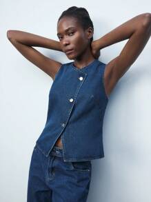 Maija 蓝色 V 领单排扣宽松休闲马甲无袖牛仔上衣，适合春夏季，西式女装，独立日/7 月 4 日，圣约翰，毕业典礼，节日服装，外出，老钱 - 藍色 - 查看 7