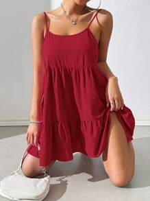 SHEIN EZwear 女士纯色细肩带褶皱简约短款休闲连衣裙 - 玫瑰紅 - 查看 2