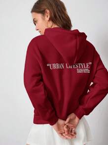 Muchica 女士字母印花红色连帽运动衫，简约设计，休闲日常穿着 - 酒紅色 - 查看 6