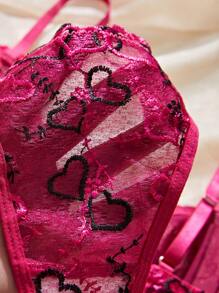 2pcs Valentine's Day Romantic Heart Embroidered Lingerie Set - Hot Pink - View 5