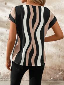 SHEIN Clasi 竖条纹几何印花圆领宽松女式衬衫商务休闲女士休闲上衣女教师服装 - 彩色 - 查看 2