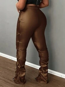Slaydiva Plus Size Elegant Slim Fit Solid Black Front Metal Zipper Ruched Pants For Autumn/Winter - Mocha Brown - View 2