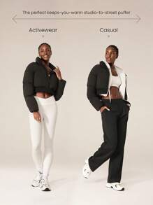 GLOWMODE Windproof Lightweight Warm Cropped Ribbed Cuffs Bomber Puffer Jacket Daily Casual Winter - Black - View 6