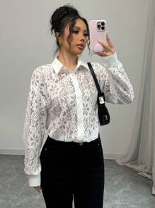 Elenzga Damska koronkowa bluzka z prześwitującym wzorem casualowym i modnym wzorem - Biały - Zobacz 5