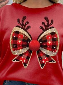 SHEIN LUNE Plus Size Round Neck Long Sleeve Bow Print Casual Pullover Sweatshirt For New Year Fall - Red - View 4