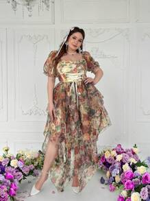 Flirla Plus Size Women's Boho Asymmetrical Pearl Chiffon Short Sleeve Dress, For Summer - Multicolor - View 7