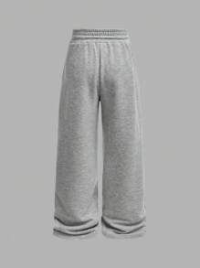 SHEIN Girlism Tween 女童休闲弹力夹克，半领拉链，V 领，紧身长袖 T 恤，搭配浅灰色针织宽松直筒运动裤 2 件套，适合秋冬日常穿着、返校、休闲场合 - 白色 - 查看 7