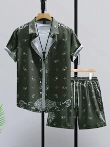 Manfinity RSRT Conjunto de camisa de manga corta para hombre, incluye parte superior de manga corta y pantalones cortos, uso casual y sencillo de moda para el día a día