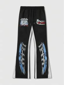 ROMWE MEN Street Life Men's Racing Print Patchwork Layered Flare Sweatpants