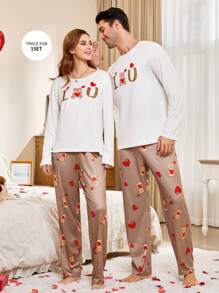 Cute Bear Heart Graphic Men Pajama Set, For Christmas - Multicolor - View 7